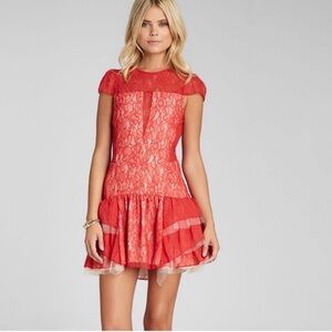 BCBG Red Lace Fit & Flare Lace Dress Size 6 Tiered Ruffle Skirt